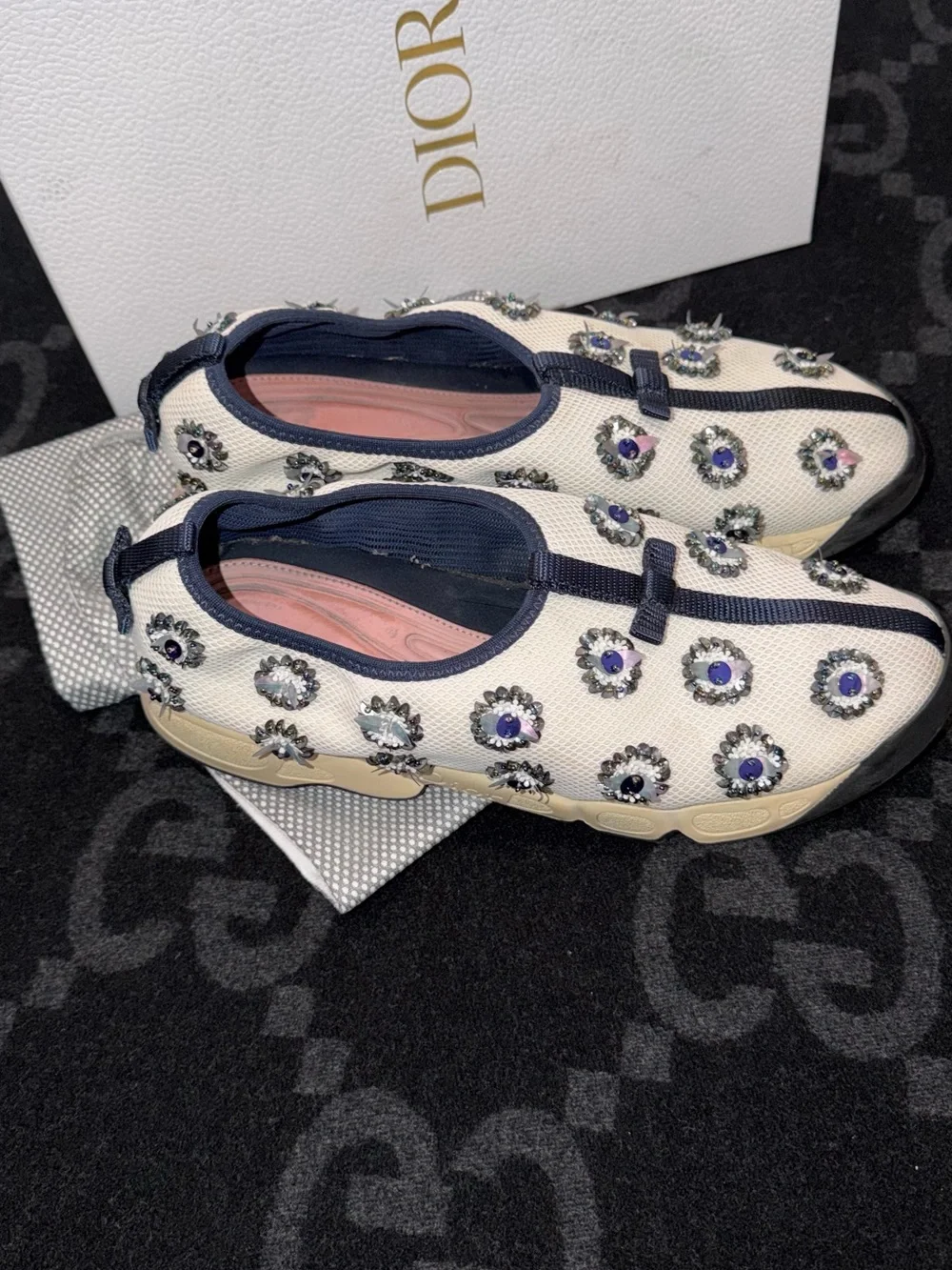 Dior Ivory Fusion Slip-On Embellished Sneakers with Navy Trim